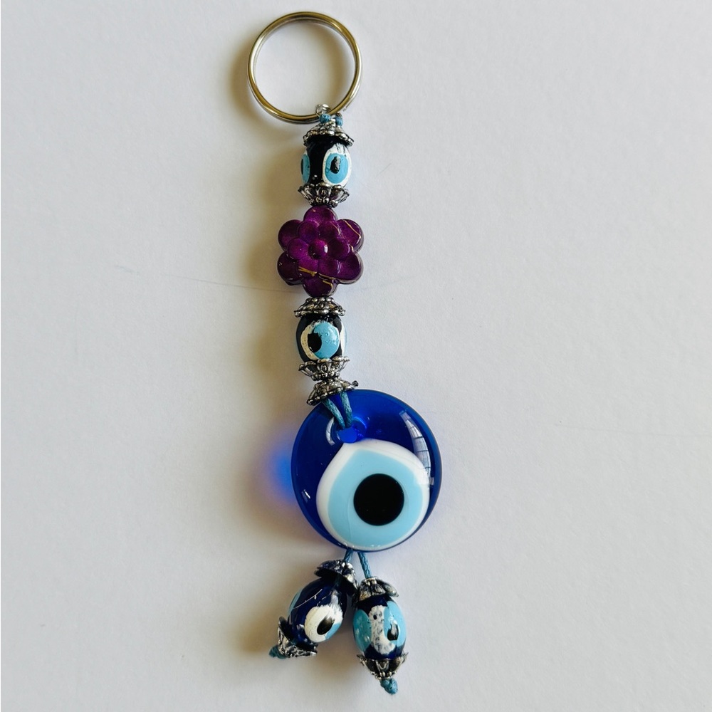 Blue Evil Eye Keychain with Purple Flower